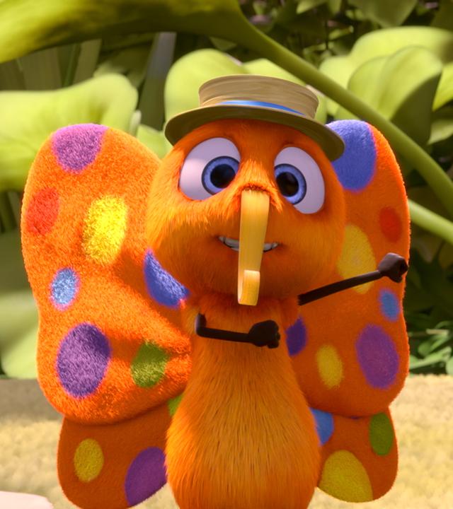 Schmetterlingsfalter Walter trägt einen Hut und tanzt. Er hat einen glücklichen Gesichtsausdruck.