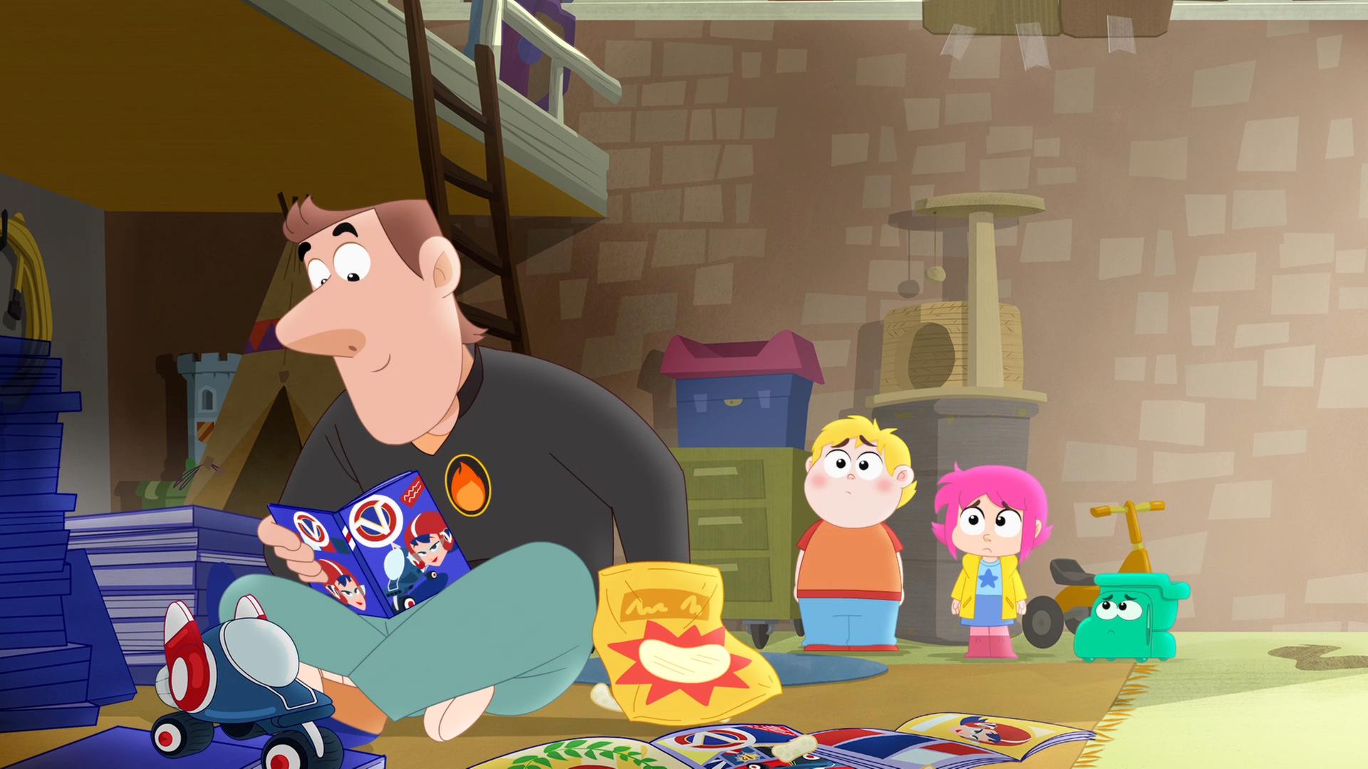 Herr Rebaud sitzt auf dem Boden, liest ein Comic-Buch und isst Chips. Im Hintergrund stehen Francois, Rebecca und Ernest in der Form eines Spielzeugs und schauen besorgt.