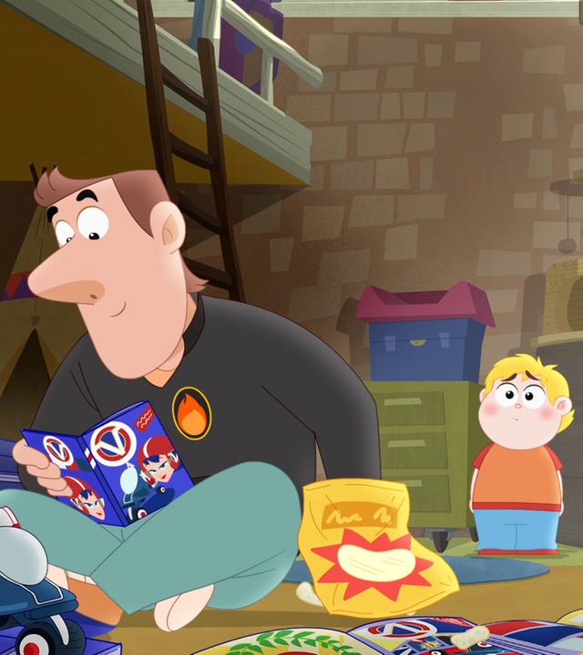 Herr Rebaud sitzt auf dem Boden, liest ein Comic-Buch und isst Chips. Im Hintergrund stehen Francois, Rebecca und Ernest in der Form eines Spielzeugs und schauen besorgt.