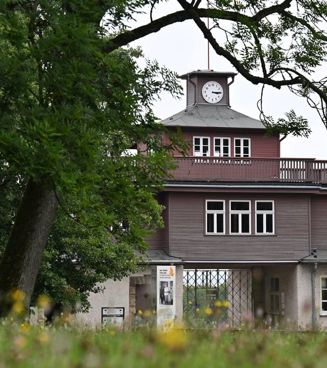 Blick durch die Zweige eines Baumes auf ein großes Torgebäude mit Uhr.