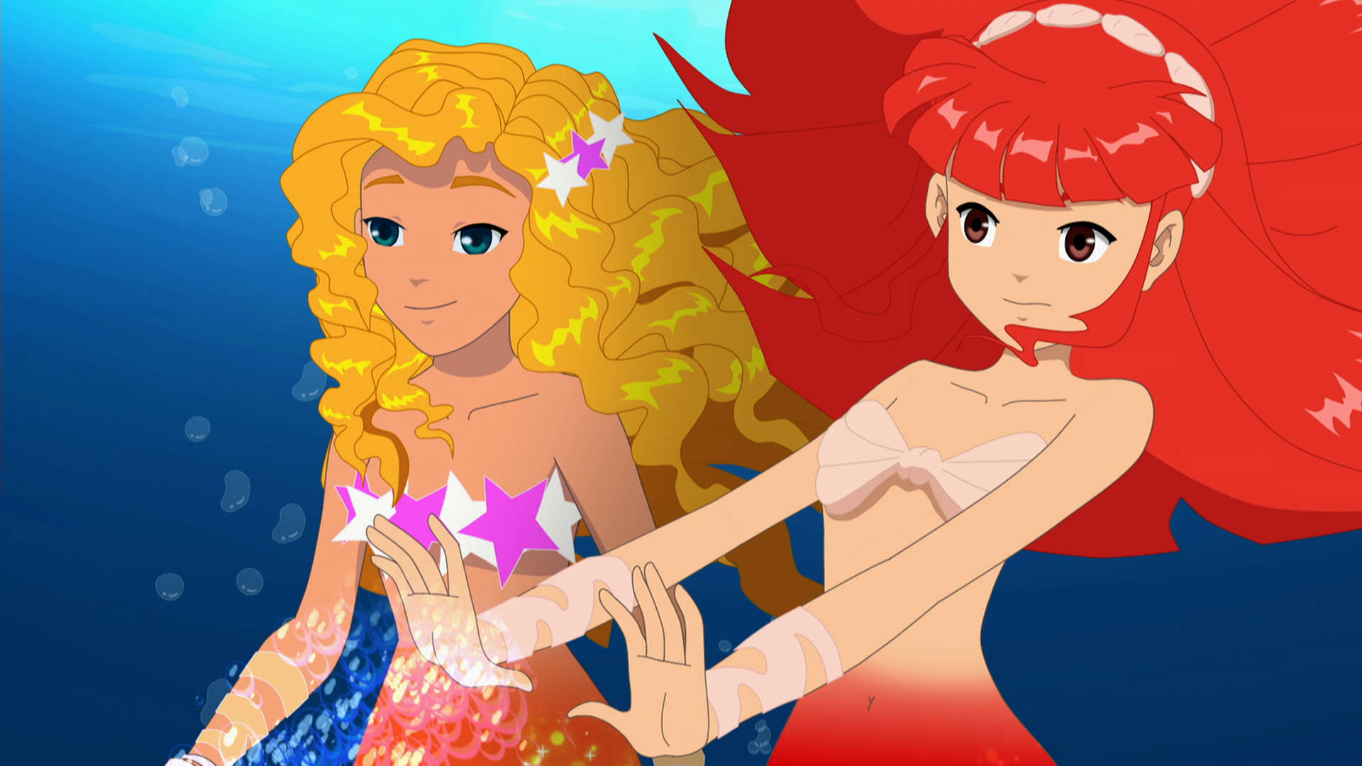 Rikki (rechts) und Emma (links) sind Unterwasser. Rikki zaubert.