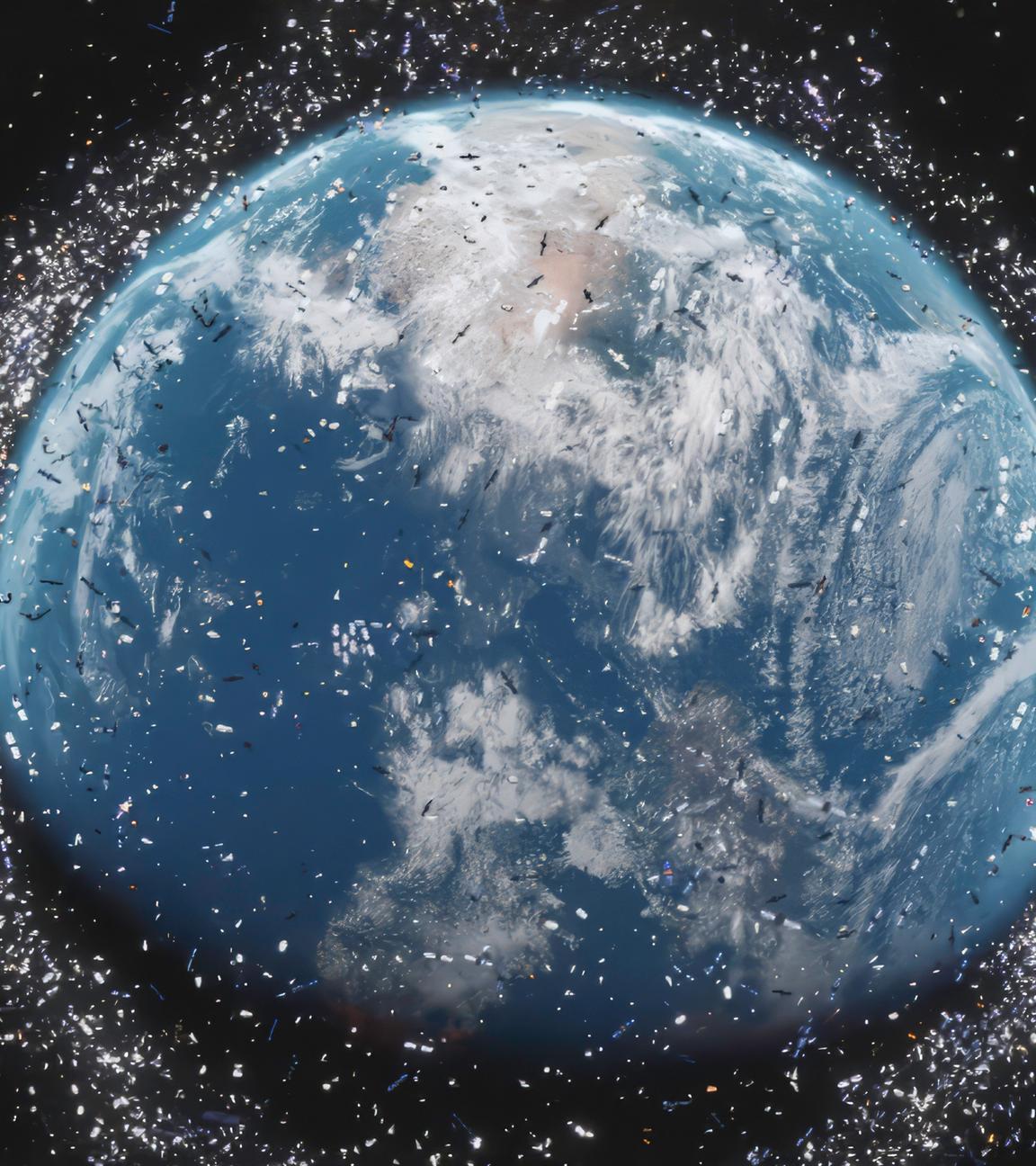 Eine Nahaufnahme der Erdkugel im Weltraum, umgeben von einem Kreis aus vielen kleinen hellen Punkten