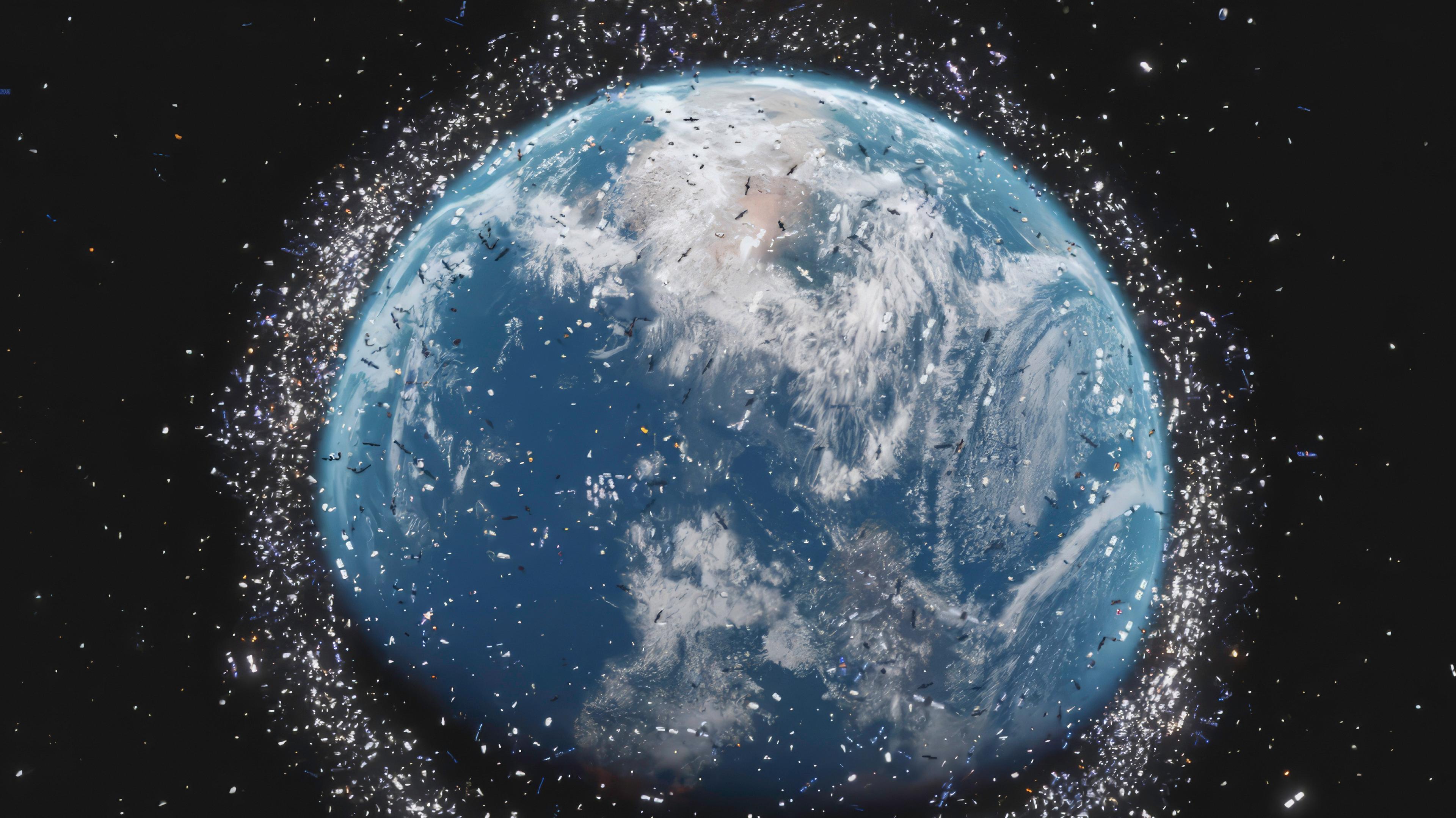 Eine Nahaufnahme der Erdkugel im Weltraum, umgeben von einem Kreis aus vielen kleinen hellen Punkten
