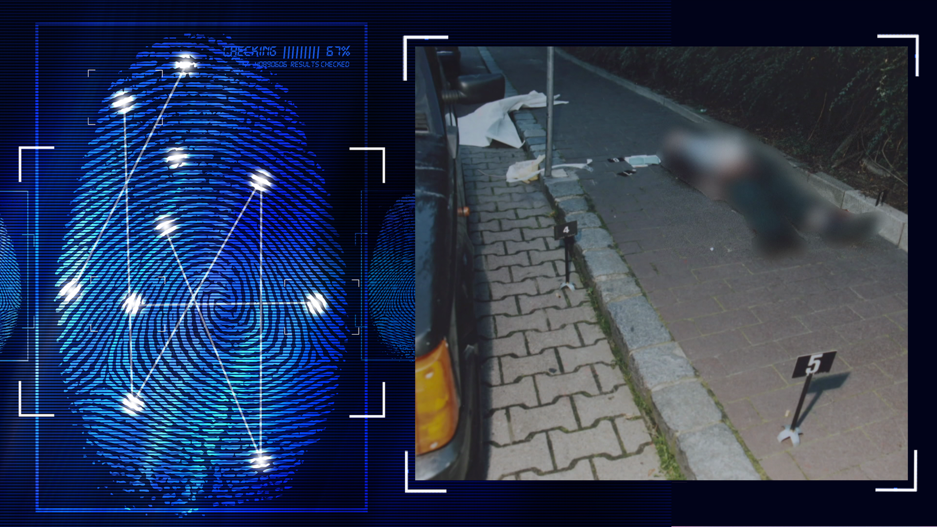 Tatortfoto: Leiche liegt auf Gehweg neben schwarzem PKW. Schilder der Spurensicherung, eines trägt in weißer Schrift auf schwarzem Untergrund die Ziffe 5. Links daneben: Lichtschematische Darstellung eines Fingerabdrucks.