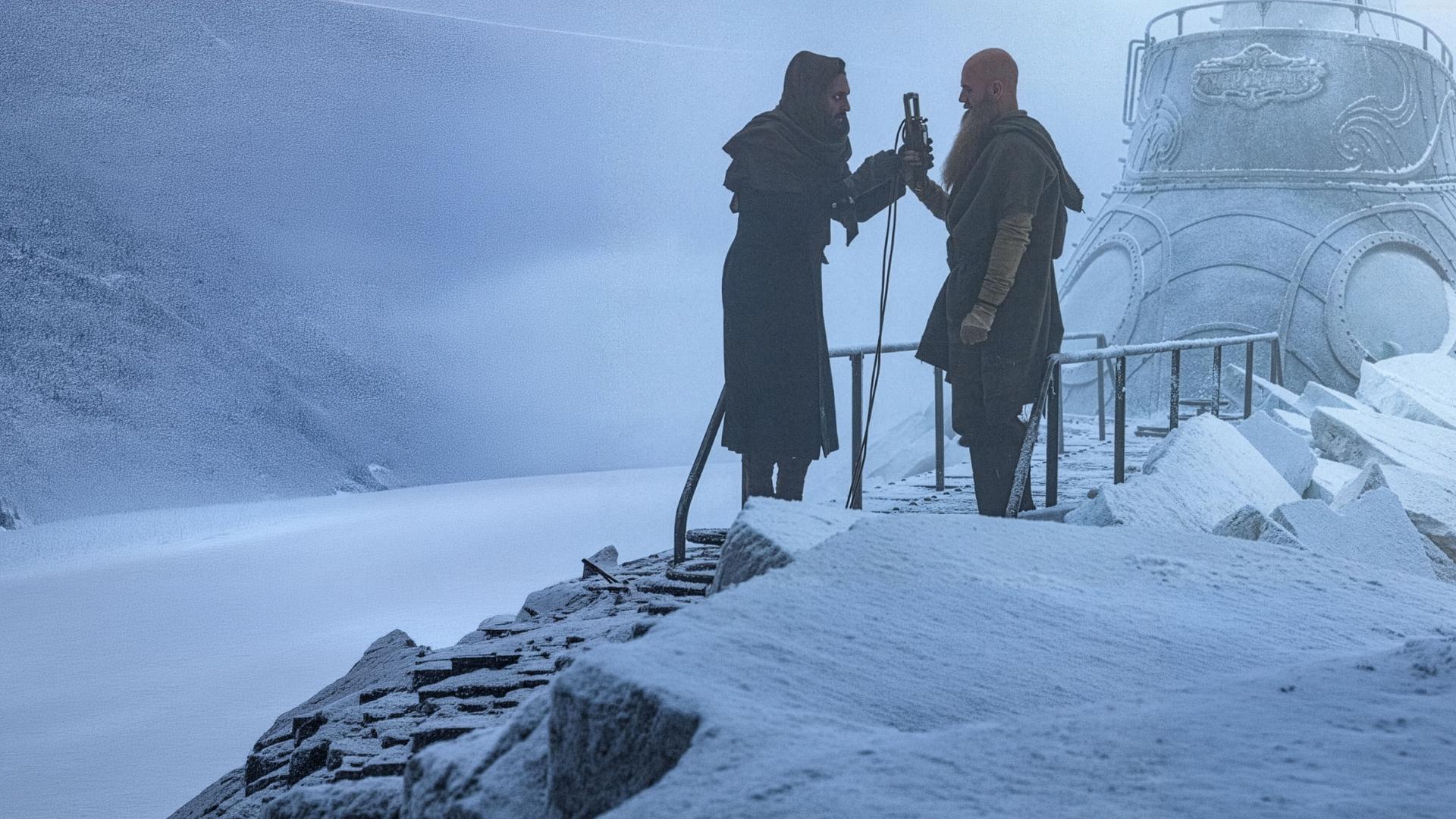 "Nautilus - Gefangen im Eis": Nemo (Shazad Latif) und Jiacomo (Andrew Shaw) stehen sich auf dem vereisten U-Boot Nautilus gegenüber. Nemo übergibt Jiacomo einen Gegenstand, an dem ein langes Kabel befestigt ist.