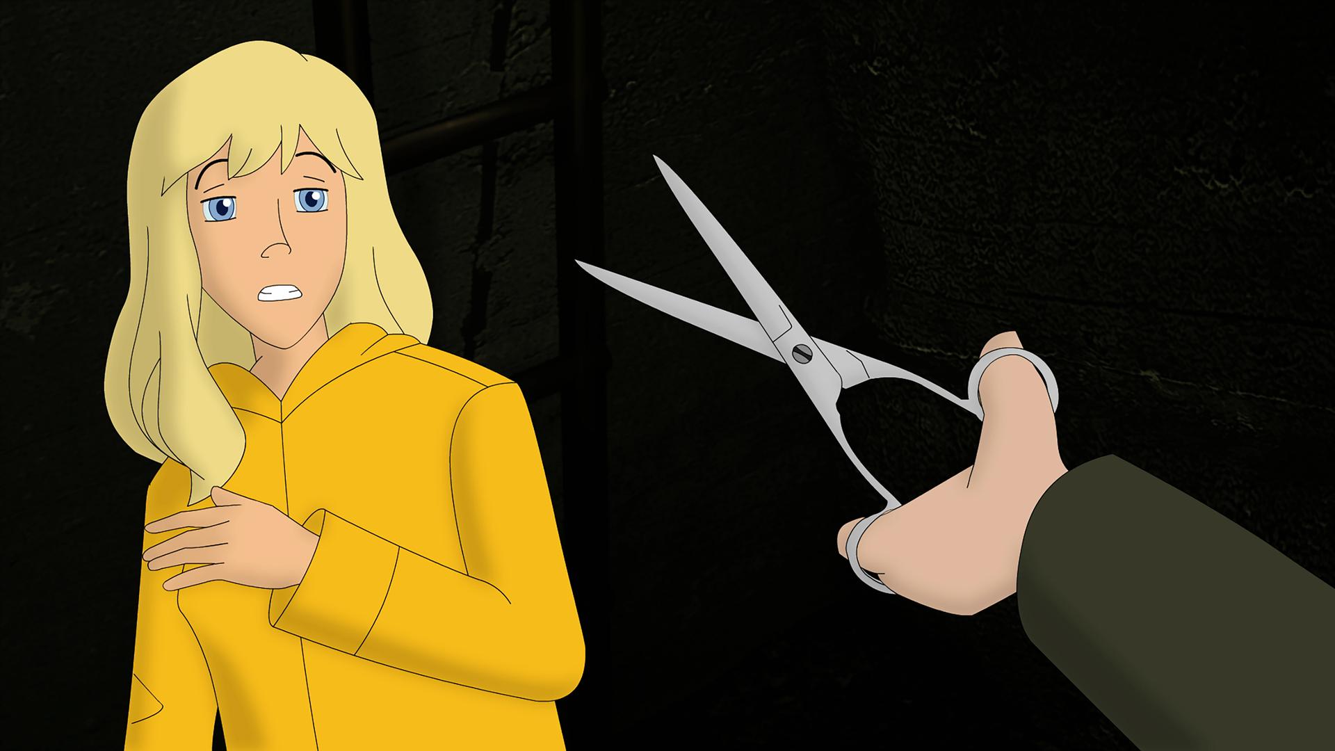 Gaby wird von einer Person mit einer Schere bedroht.