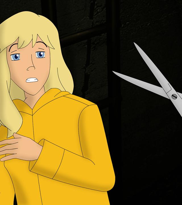 Gaby wird von einer Person mit einer Schere bedroht.