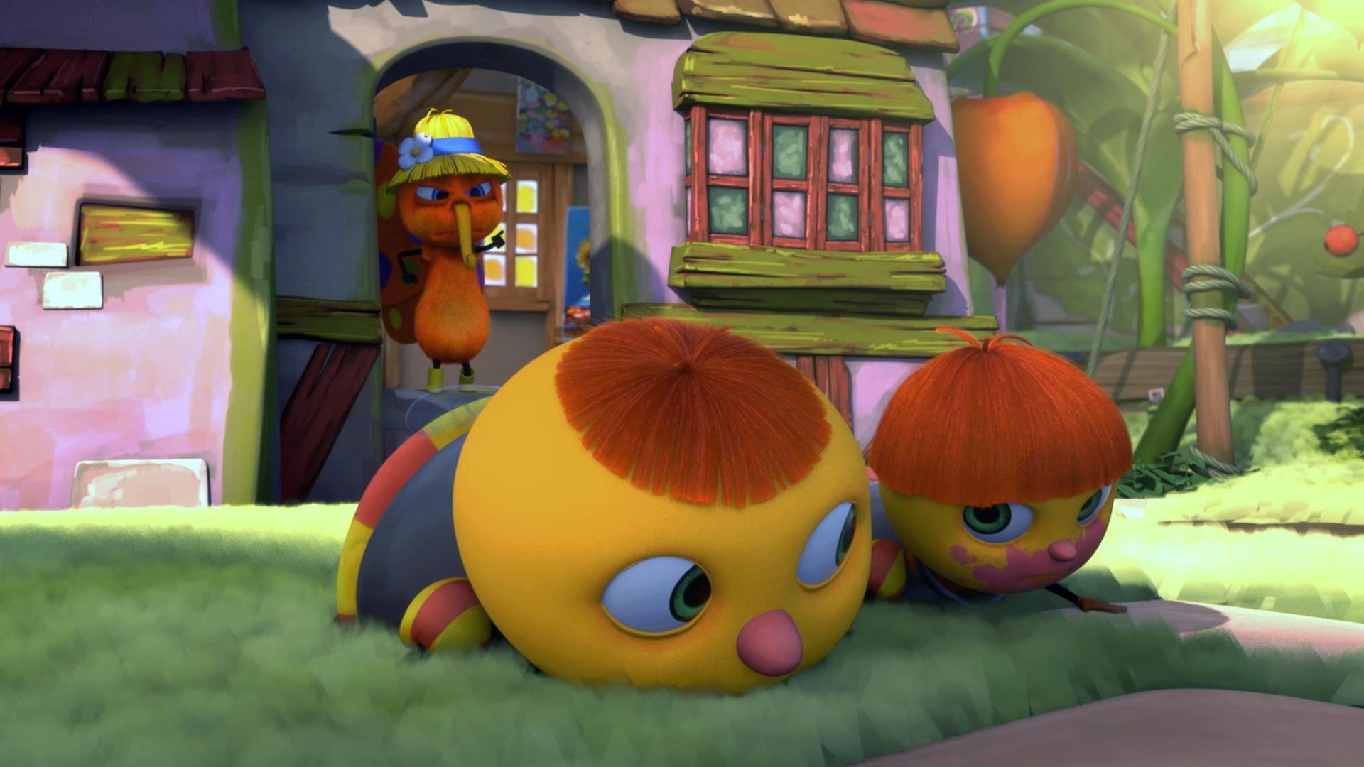 Walter der Falter steht mit wütendem Gesichtsausdruck in der Tür. Mistel und Distel liegen im Vordergrund auf dem Boden mit dem Gesicht in Richtung des Rasens. 