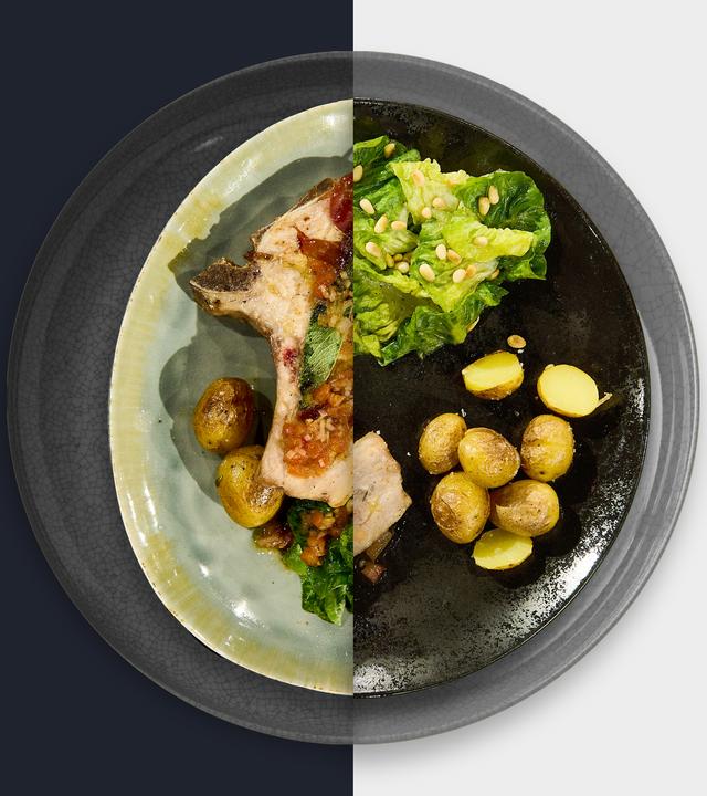 Gefülltes Kotelett vom Iberico-Schwein mit Röstkartoffeln und Romana-Salatherzen