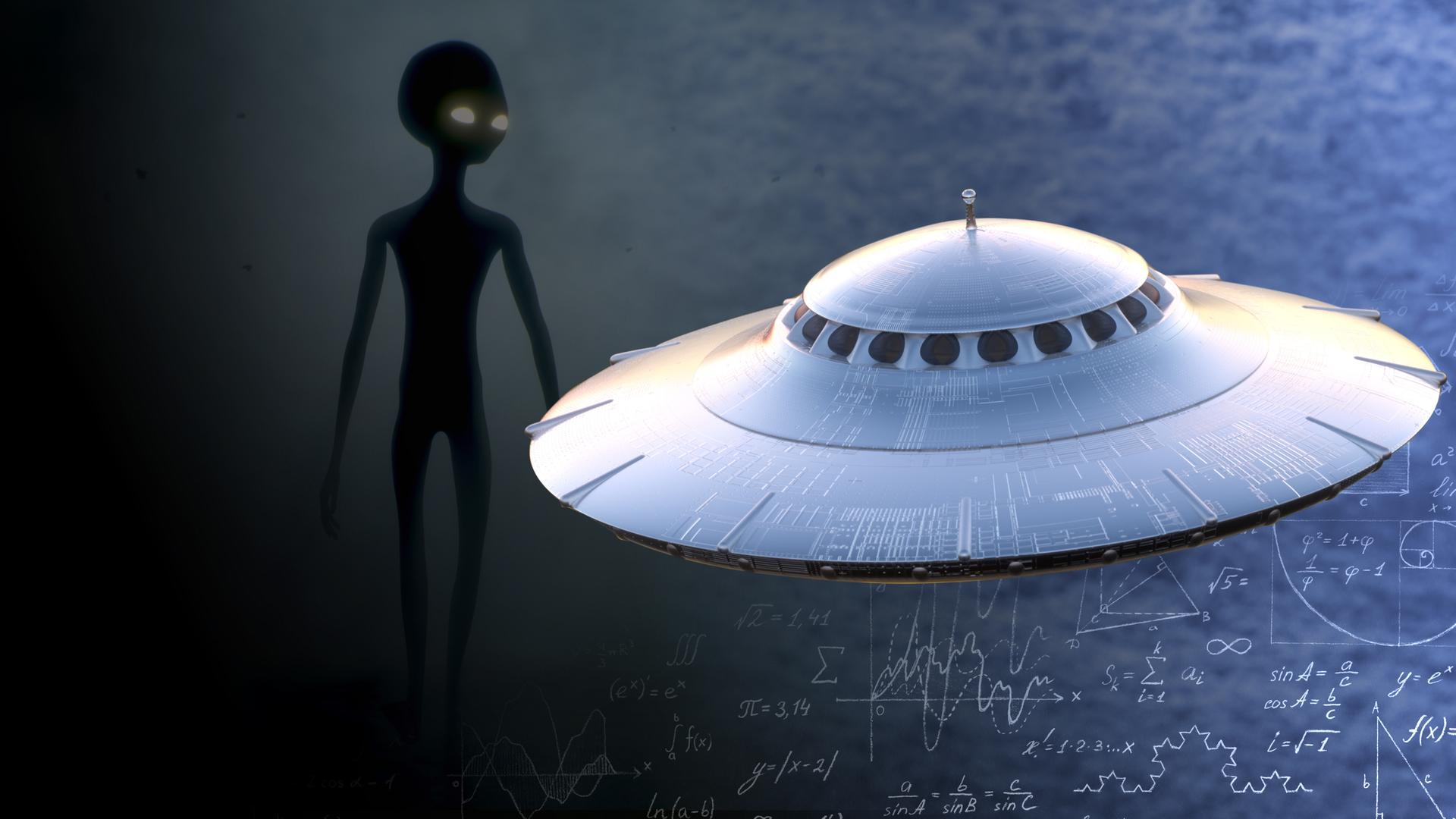 Bildcollage: Eine fliegende Untertasse schwebt über einem Feld. Neben der Untertasse steht die schmale, hochgewachsene Silhouette eines Alien. Im unteren Bildbereich liegt eine komplizierte mathematische Formel.