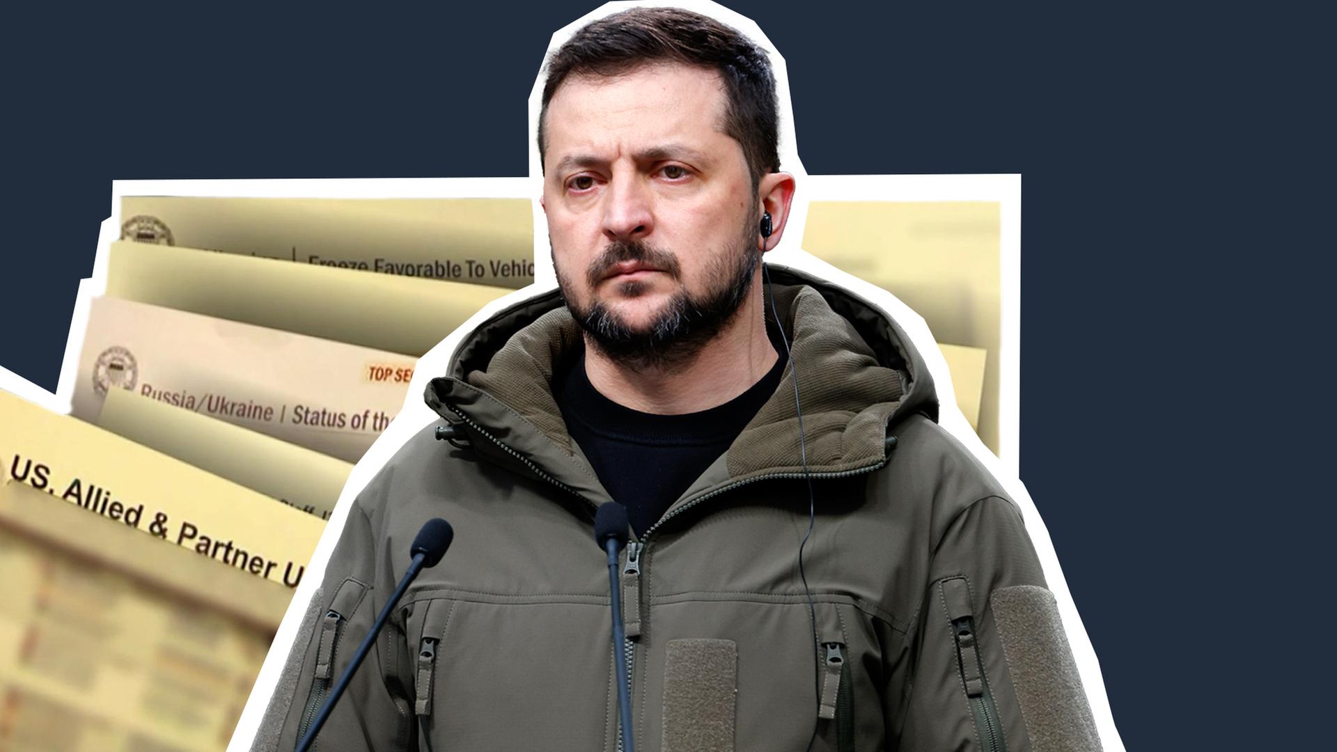 Collage: Ukraine-Präsident Wolodymyr Selenskyj neben US-Geheimdokumenten