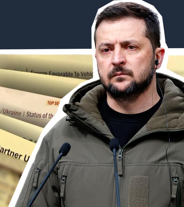 Collage: Ukraine-Präsident Wolodymyr Selenskyj neben US-Geheimdokumenten