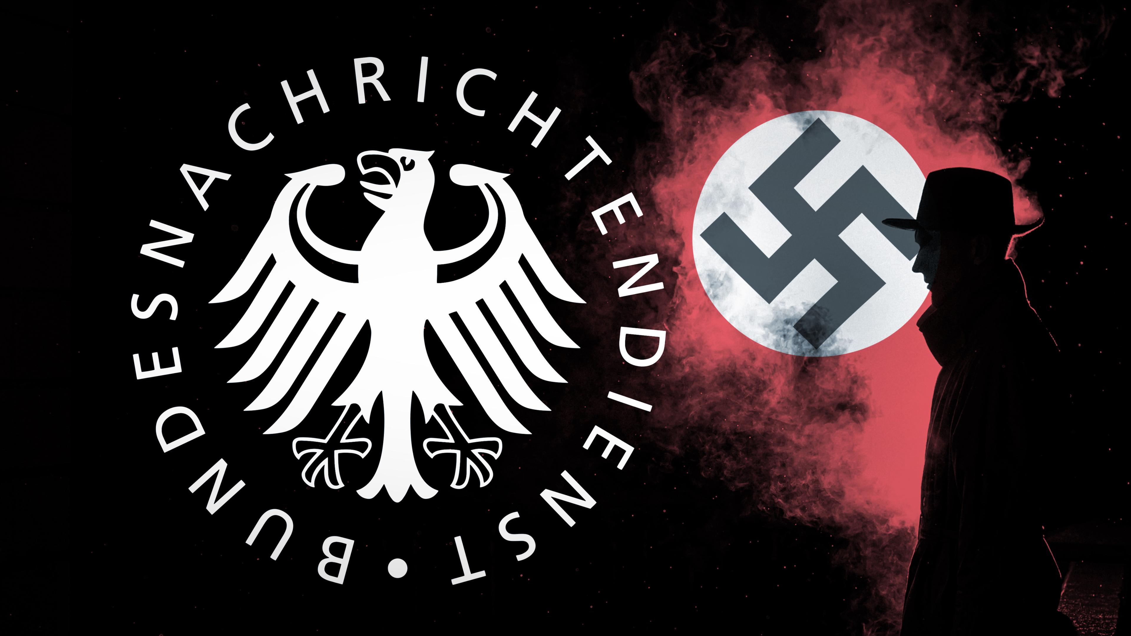  Collage: Links das Logo des BND, rechts die Silhouette eines Agenten vor Rauch, in dem eine Naziflagge zu sehen ist.