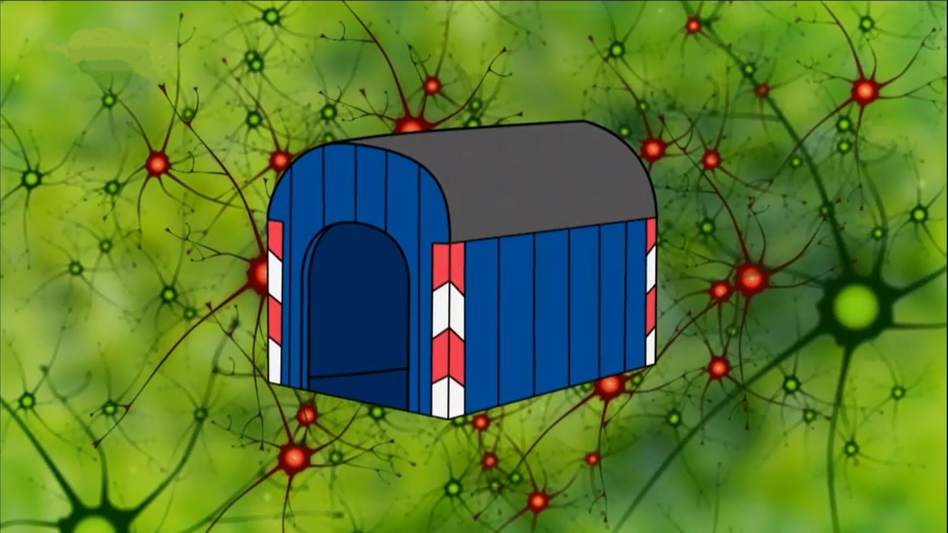 Keks blaue Hundehütte vor grünem Hintergrund.