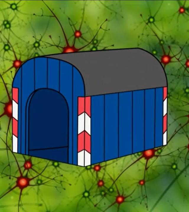 Keks blaue Hundehütte vor grünem Hintergrund.