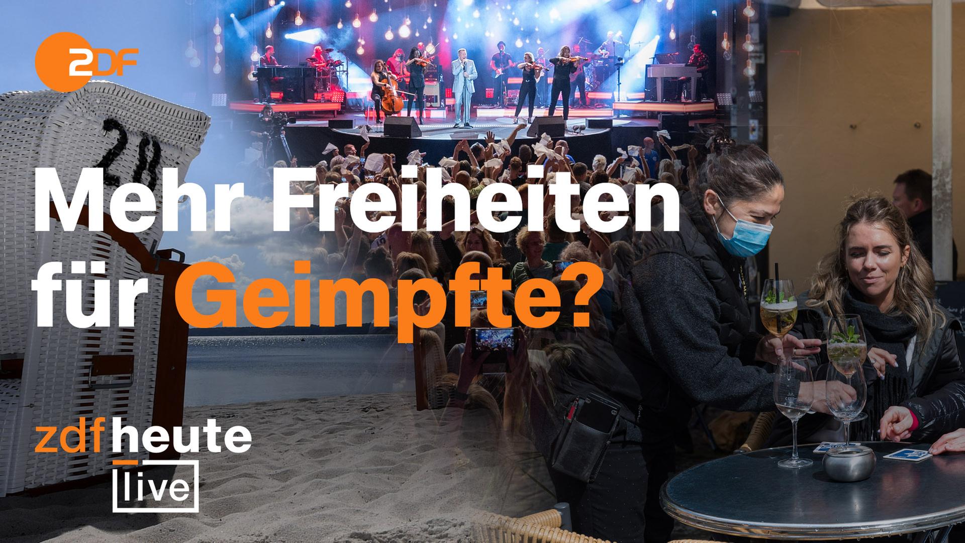 Eine Collage mit Bildern vom Strand, einem Konzert und einem Restauranttisch; Schriftzug: Mehr Freiheiten für Geimpfte?