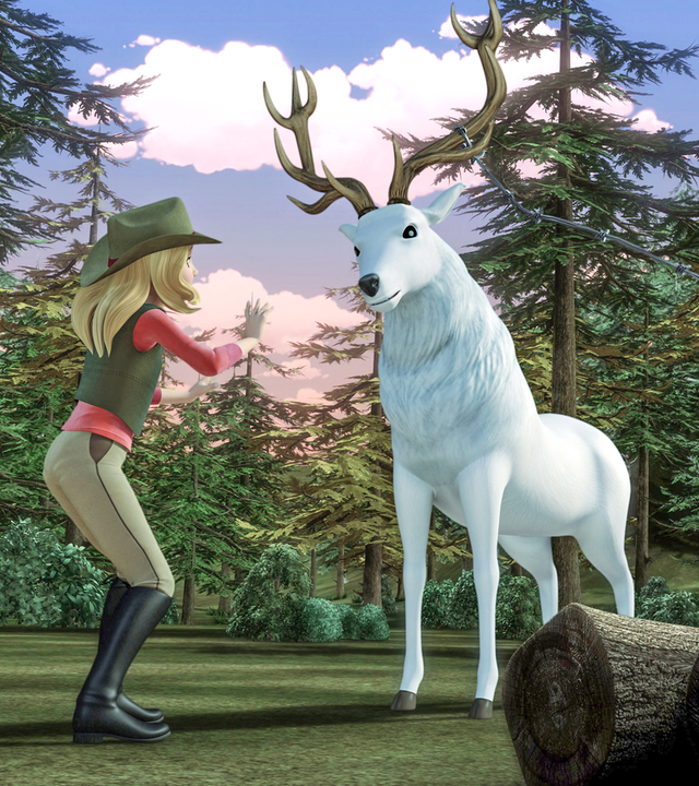 Wendy versucht einen weißen Hirsch zu beruhigen.