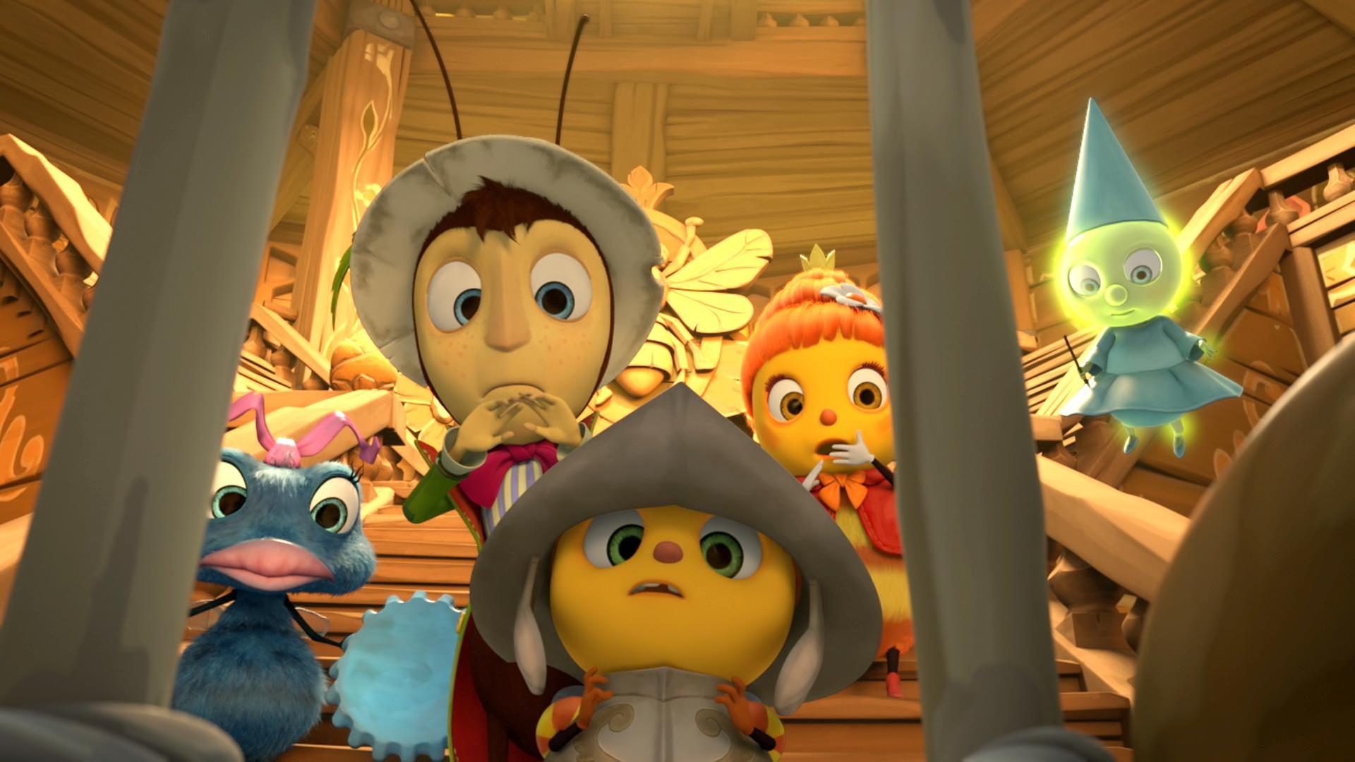 Anna Ameise, Gregor Grille, Mistel, Marylin und Gloria (von links nach rechts) sehen geschockt aus.