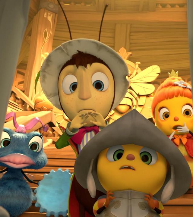 Anna Ameise, Gregor Grille, Mistel, Marylin und Gloria (von links nach rechts) sehen geschockt aus.