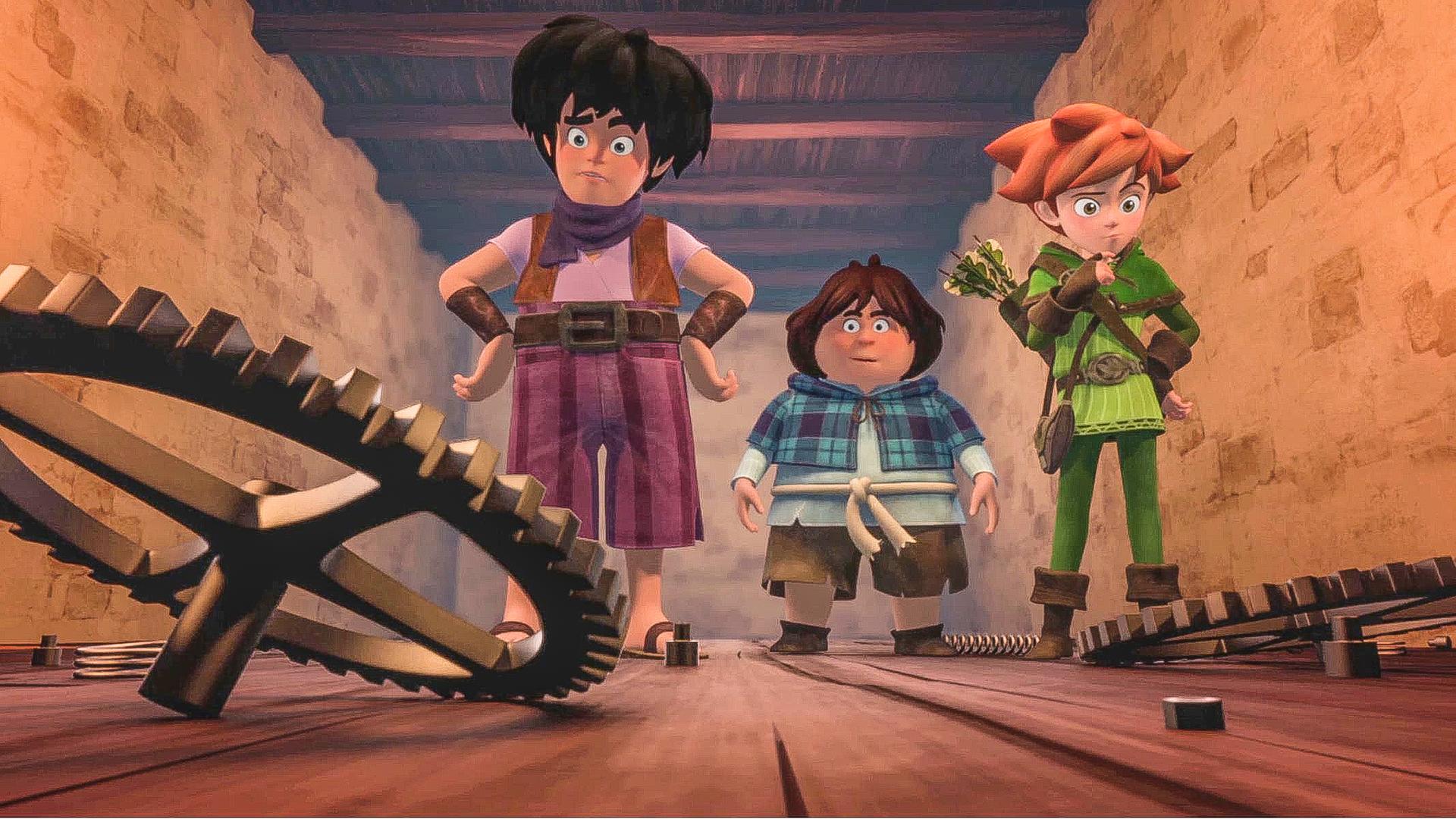 Tuck, Little John und Robin Hood laufen durch einen dunklen Gang. Auf dem Boden liegen Zahnräder, Schrauben und Stahlfedern verstreut. Die drei jungen Männer gucken nachdenklich.