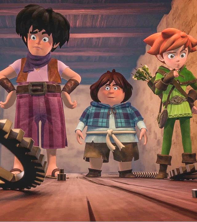 Tuck, Little John und Robin Hood laufen durch einen dunklen Gang. Auf dem Boden liegen Zahnräder, Schrauben und Stahlfedern verstreut. Die drei jungen Männer gucken nachdenklich.