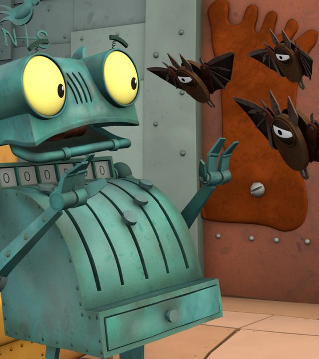 Ritter Rost hat Angst vor den Fledermäusen, die ihm entgegenfliegen.