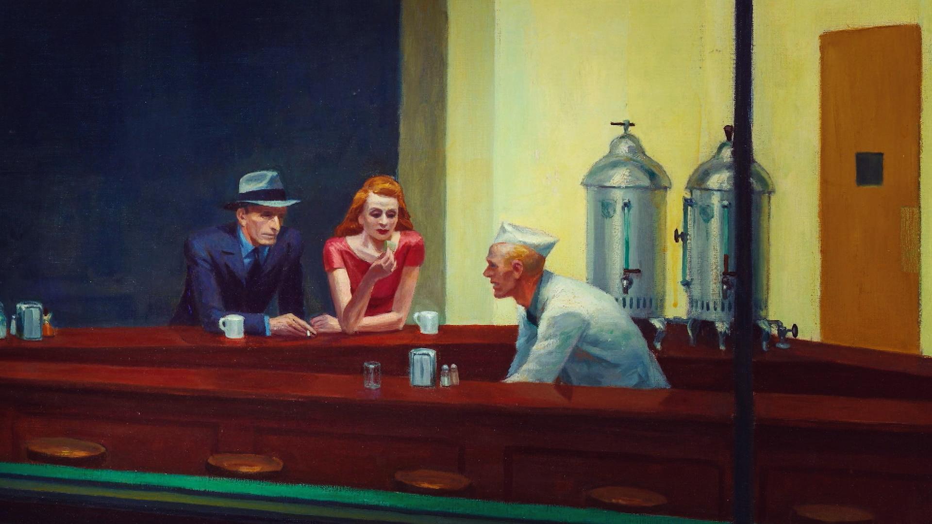 Eine Malerei, die einen Mann im Anzug und mit Hut und daneben eine Frau im rosa Kleid zeigt, die an einer runden Theke sitzen. Der Mann hält eine Zigarette in der Hand und die Frau hat ihren Arm auf dem Tresen aufgestützt. Vor ihnen stehen zwei Tassen. In der runden Theke steht ein junger Mann in einem weißen Oberteil und mit weißer Serviermütze. Er beugt sich gerade runter.