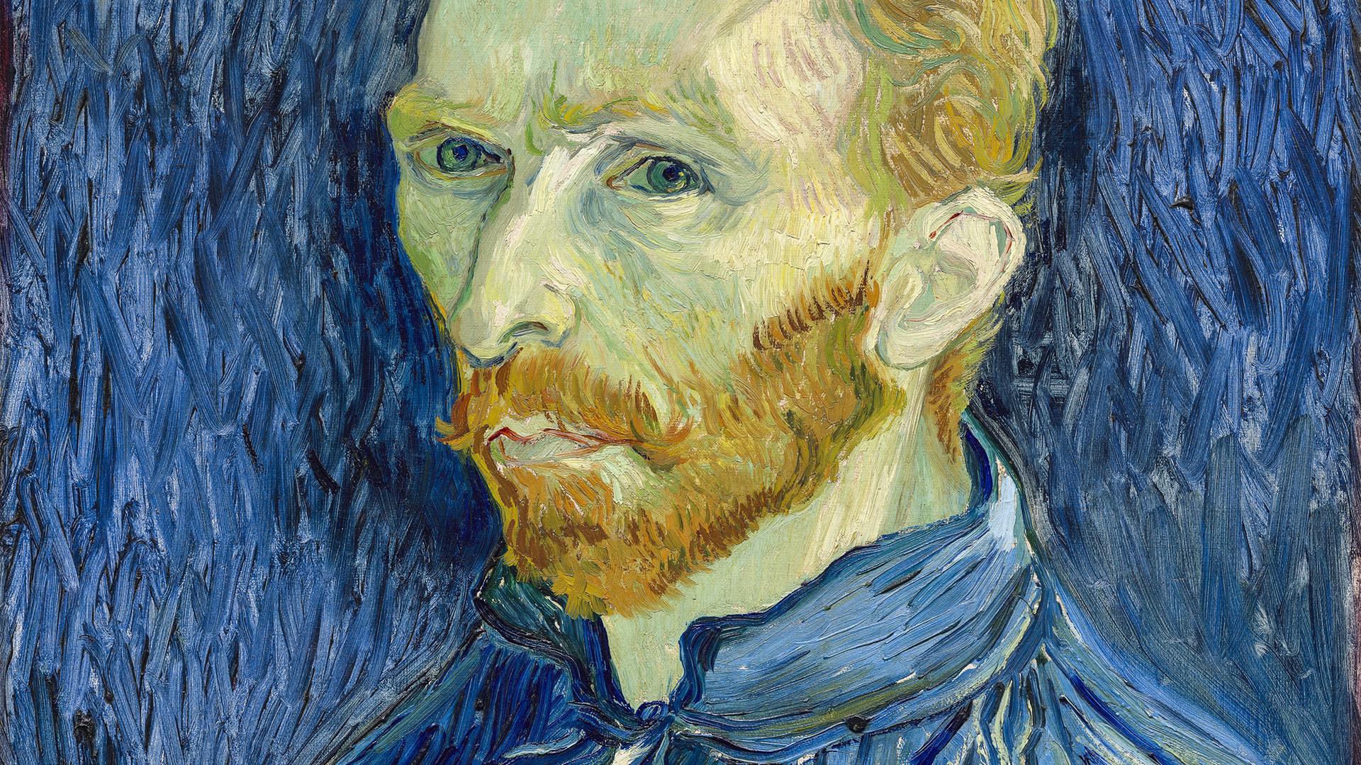 Das Gesicht eines Mannes mit rotblonden Haaren und Bart vor einem blauen Hintergrund. Selbstporträt von Vincent van Gogh