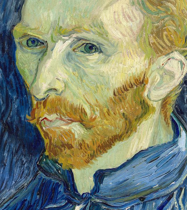 Das Gesicht eines Mannes mit rotblonden Haaren und Bart vor einem blauen Hintergrund. Selbstporträt von Vincent van Gogh