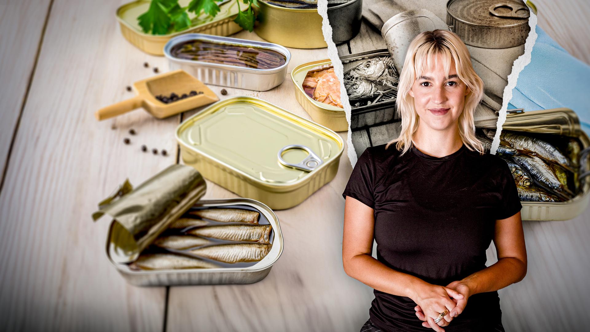 Auf einem Tisch liegen mehrere Dosen mit Dosenfisch. Rechts im Vordergrund steht Victoria Reichelt.