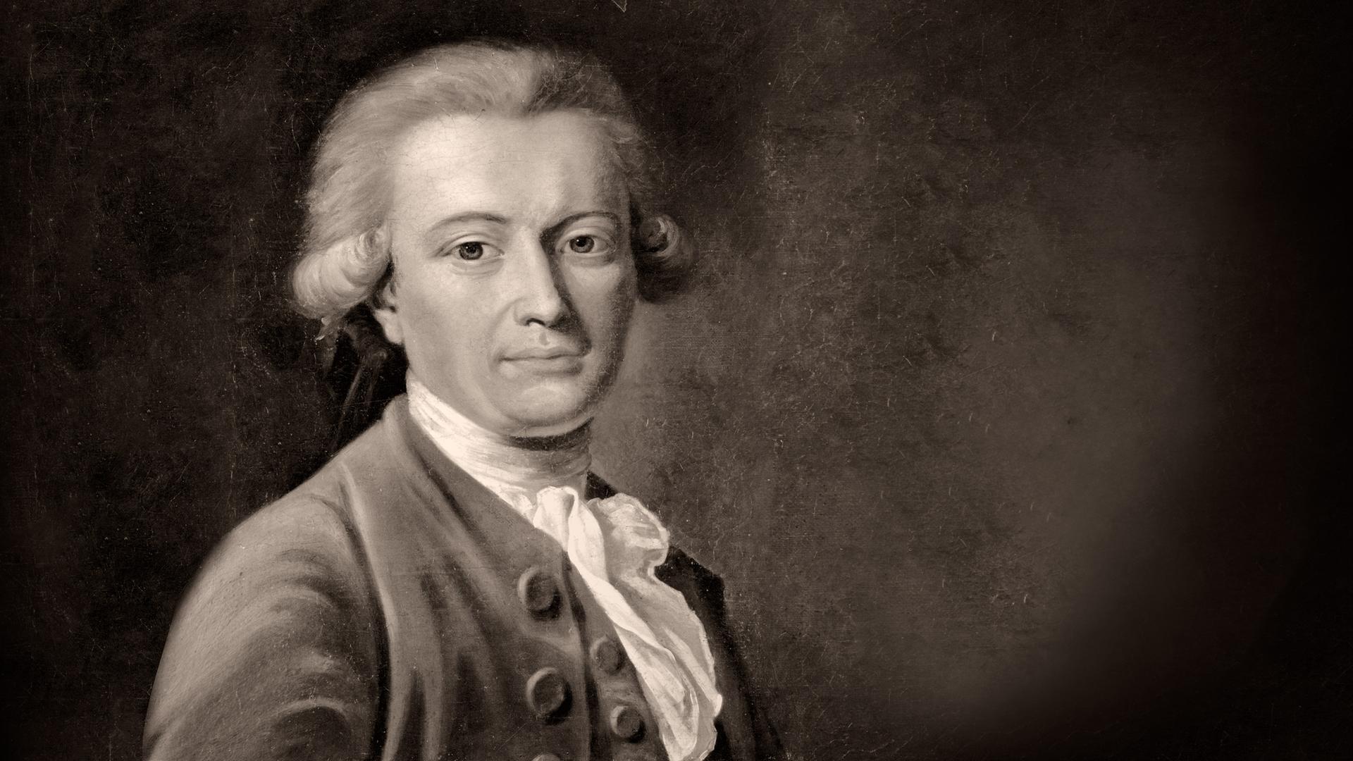 Historischer schwarz-weiß-Stich, der einen Mann mit Perücke und in der Kleidung des 18. Jahrhunderts zeigt.