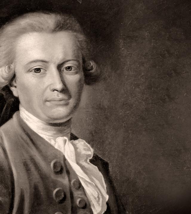 Historischer schwarz-weiß-Stich, der einen Mann mit Perücke und in der Kleidung des 18. Jahrhunderts zeigt.