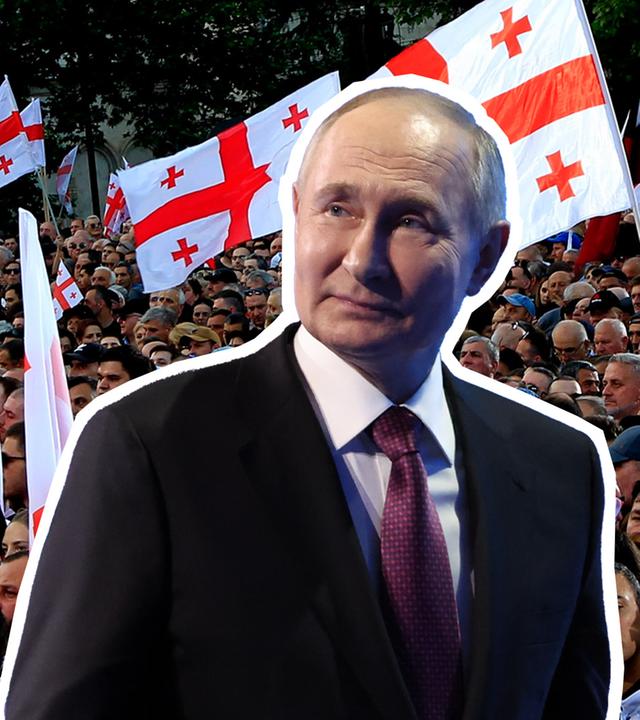 Russlands Präsident Wladimir Putin ist vor Protestanten in Georgien abgebildet, die georgische Flaggen schwenken.