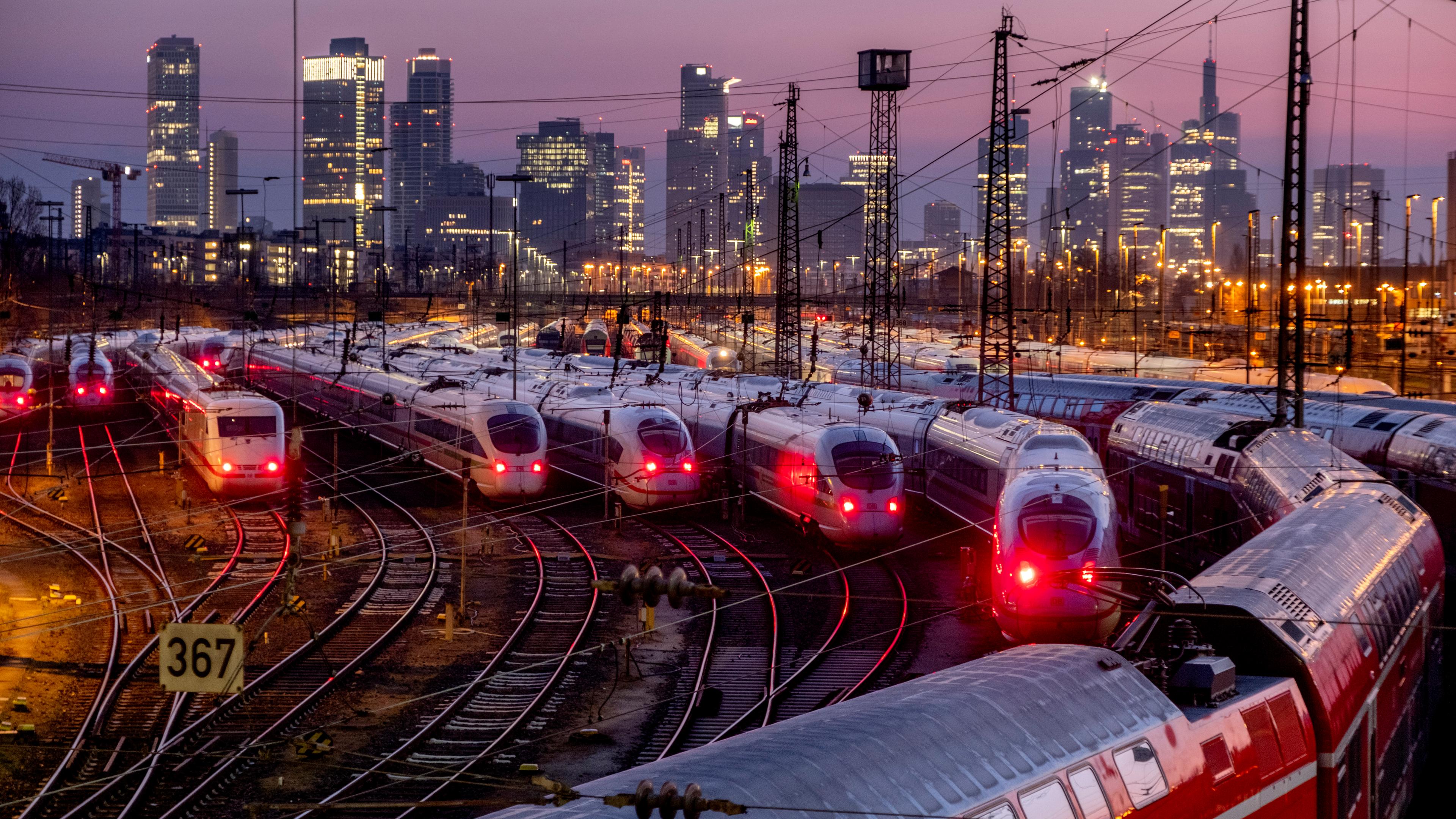 Trains are parked outside the main train station in Frankfurt, Germany, Thursday, March 7, 2024, as train drivers of the German GDL union went on a 35-hours strike on Thursday