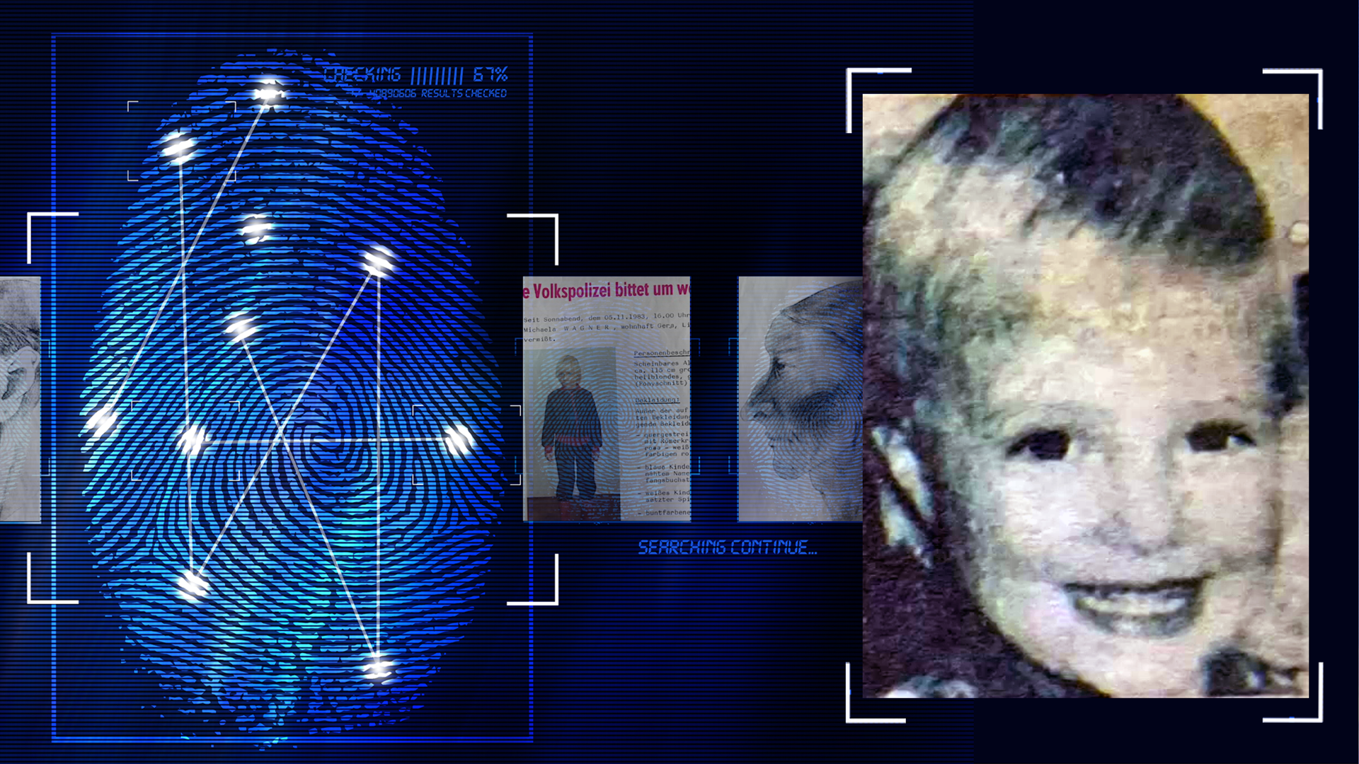 Verschwommenes Portraitfoto eines vier Jahre alten Mädchens. Kurze Haare, lächelt in die Kamera. Gesicht bildfüllend. Links daneben: Lichtschematische Darstellung eines Fingerabdrucks.