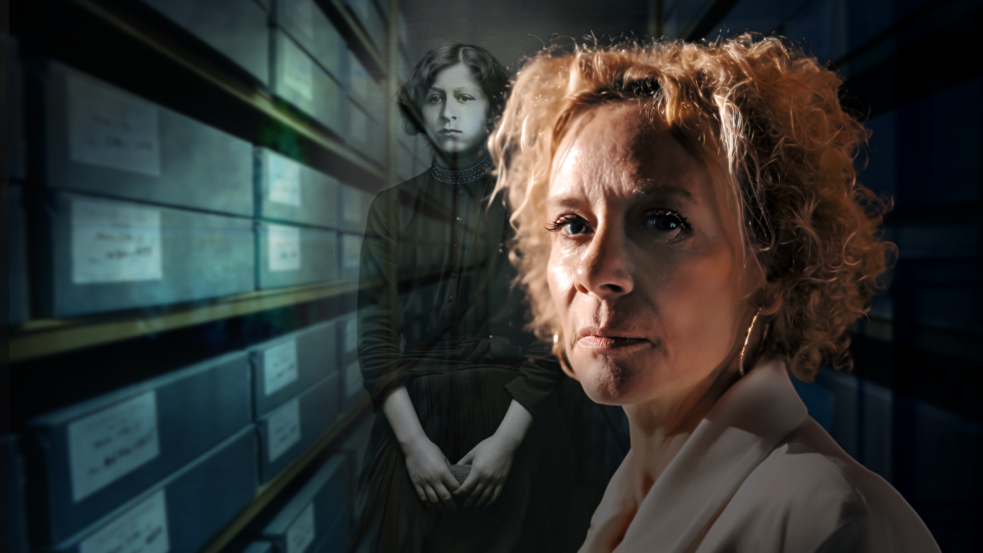 Katja Riemann im Portrait, daneben ihre Oma.