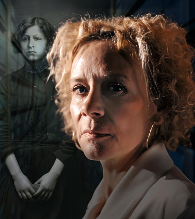 Katja Riemann im Portrait, daneben ihre Oma.