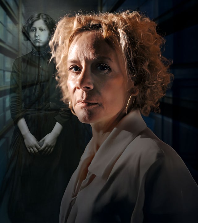 Katja Riemann im Portrait, daneben ihre Oma.