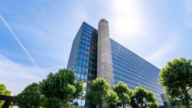 Aus niedriger Perspektive blickt man auf das ZDF-Hochhaus mit seiner charakteristischen Fensterstruktur und einem zentralen Betonelement. Im Vordergrund rahmen Bäume das Gebäude ein und verstärken die monumentale Wirkung.