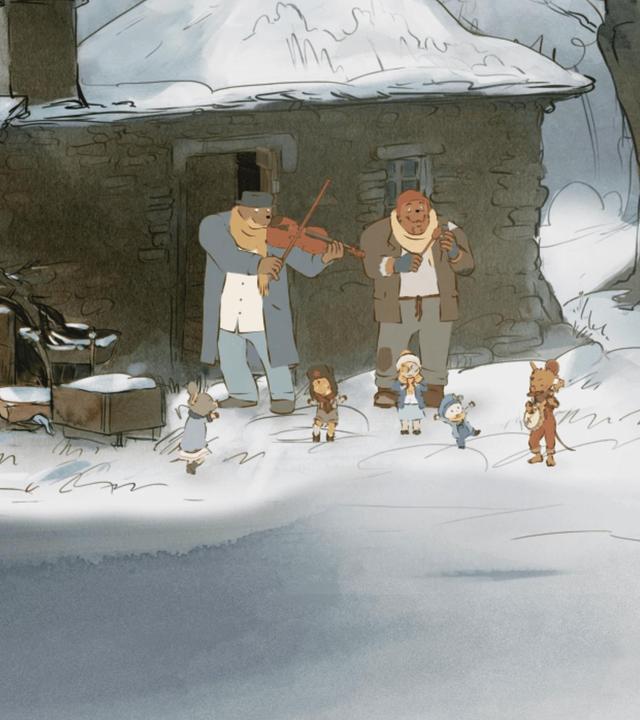 Mitten im Wald zwischen zwei Bäumen steht ein Haus. Seitlich am Haus liegt aufgetürmtes Brennholz. Ernest steht vor der Haustür und spielt auf seiner Geige. Neben ihm steht Bolero. Seine Freunde, die vor ihm stehen, hören seiner Musik zu.