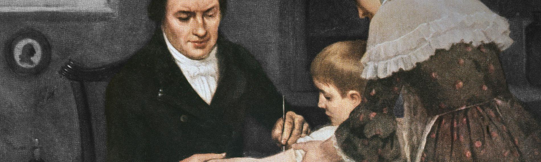 Historisches Gemälde - Ein kleiner Junge wird von einem Arzt geimpft