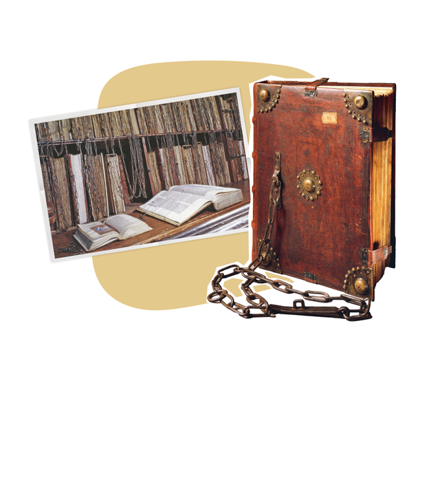 Die Collage zeigt zwei Fotos: Links zwei aufgeschlagene Bücher vor einem Bücherregal und daneben ein Buch mit einer Kette.