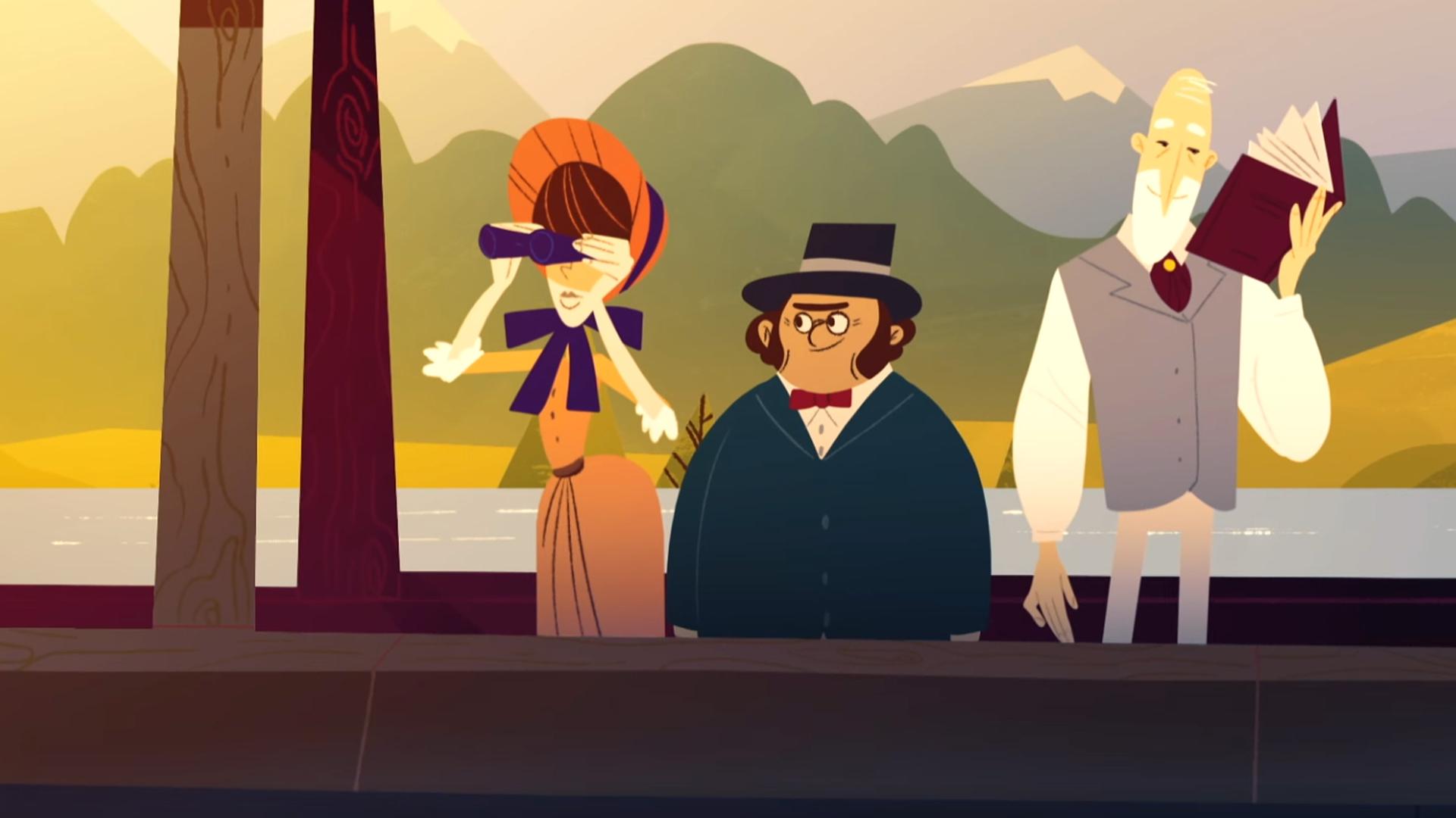 Animation: Drei Adelige auf Reisen auf einem Schiff. Die Frau schaut durch ein Fernglas. Der Mann rechts liest ein Buch.