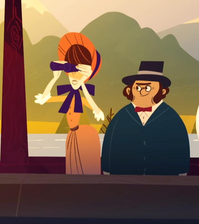 Animation: Drei Adelige auf Reisen auf einem Schiff. Die Frau schaut durch ein Fernglas. Der Mann rechts liest ein Buch.