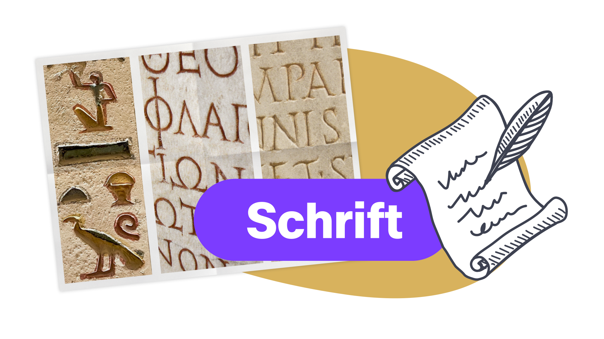 Hyroglyphen, daneben grafische Schriftrolle, darauf Label "Schrift"