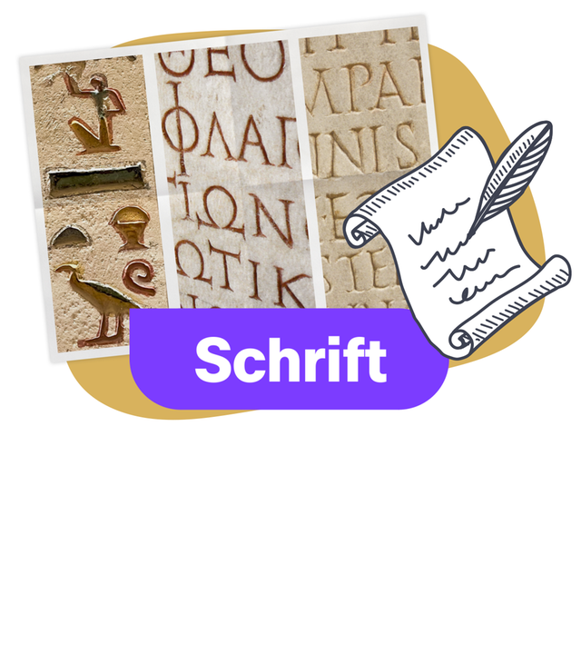 Hyroglyphen, daneben grafische Schriftrolle, darauf Label "Schrift"