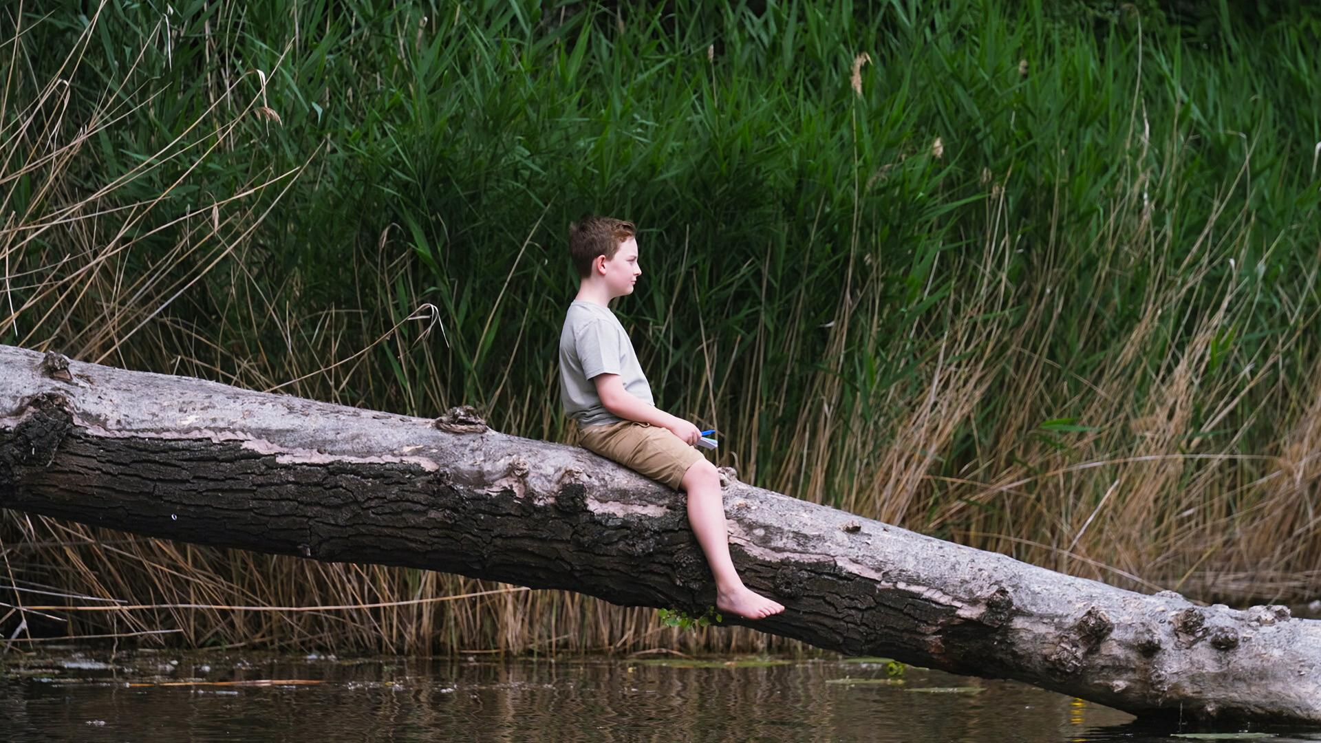 Auf dem Bild sitzt ein Junge auf einem großen, verankerten Baumstamm, der über das Wasser der Alten Donau ragt. Der Junge trägt ein graues T-Shirt und beige Shorts. Er hat kurze, braune Haare und schaut nachdenklich in die Ferne. Um ihn herum sind hohe, grüne Schilfpflanzen, die am Ufer wachsen. Der Hintergrund ist von weichem Wasser und einer ruhigen, natürlichen Umgebung geprägt, was eine friedliche Atmosphäre vermittelt. Der Baumstamm, auf dem er sitzt, ist grau und zeigt eine sichtbare Struktur der Baumrinde. Die gesamte Szenerie ist idyllisch und spiegelt die Verbindung zur Natur wider.