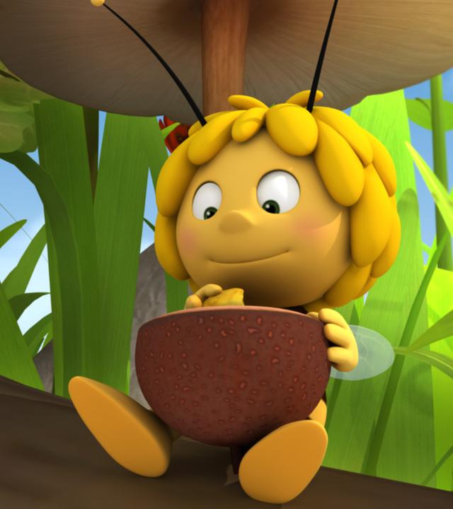 Maja lässt sich den Blütenpollennektar schmecken. Sie sitzt auf einem Ast und grinst die Polle an.