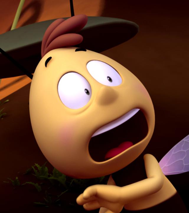 Willi hat Mund und Augen vor Schreck weit aufgerissen. Maja steht neben ihm und schaut verdutzt.