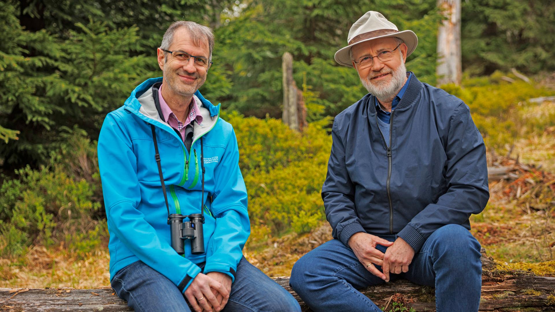 Harald Lesch und Jörg Müller sitzen auf einem Baumstamm im Wald